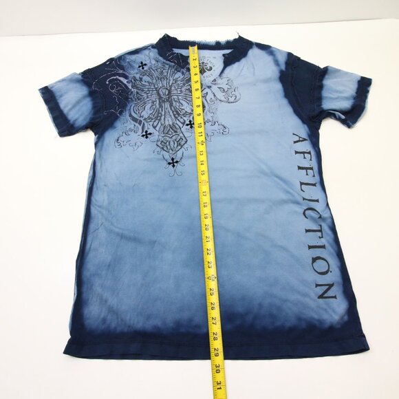 Affliction T-Shirt XL Blue Dye V Neck Ribbed Felt Detail Cross Cyber Goth Grunge - Picture 16 of 16